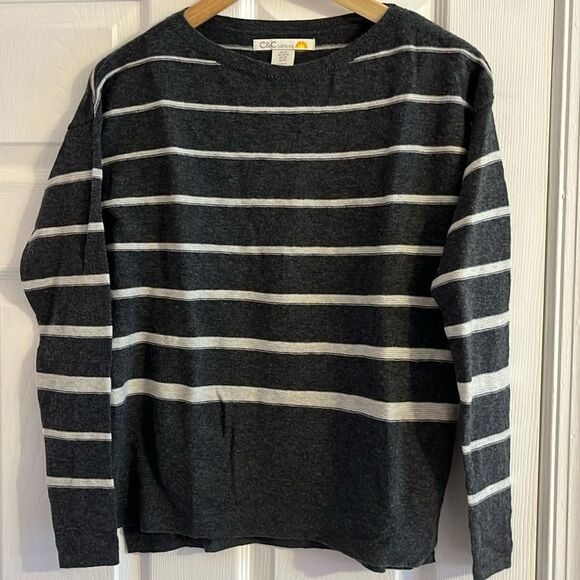 C&C California Merino Wool Pullover Sweater Gray Striped Sz XS Preppy Boho Work - Picture 1 of 8